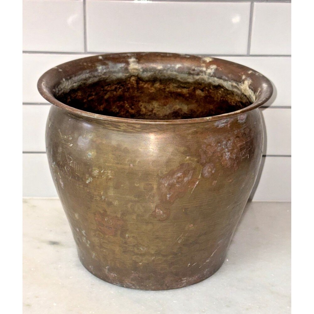 1970s Vintage Bohemian Indian Hammered Brass Planter Pot Decor Hand Crafted
